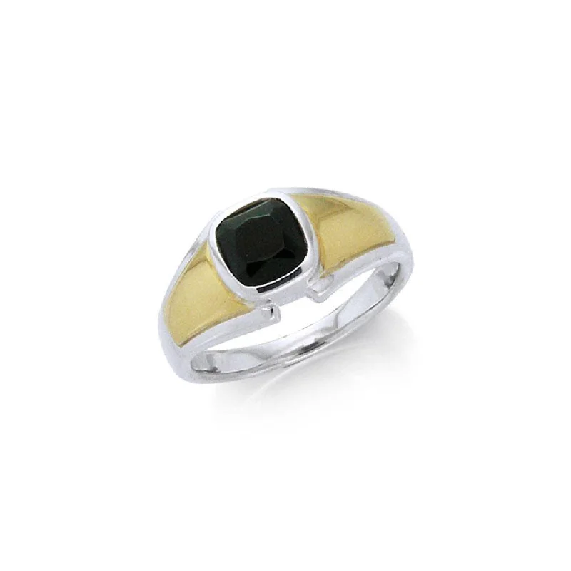 Black Magic Rectangle Solitare Silver & Gold Ring MRI468