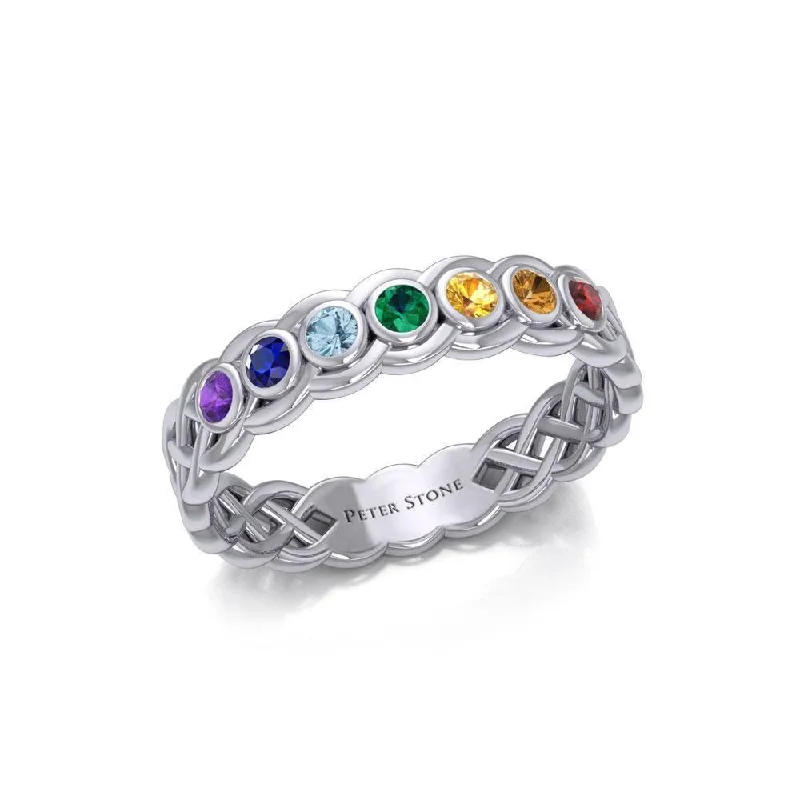 Celtic Silver Band Ring with Chakra Gemstones TRI1918