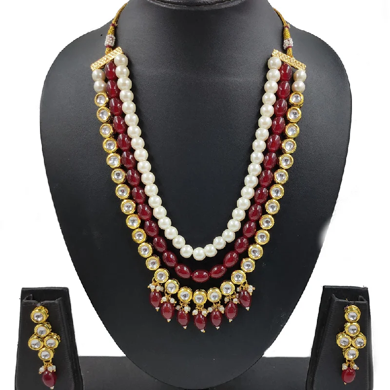 Gehana Mahal Gold Plated Kundan And Beads Multi Layer Necklace Set