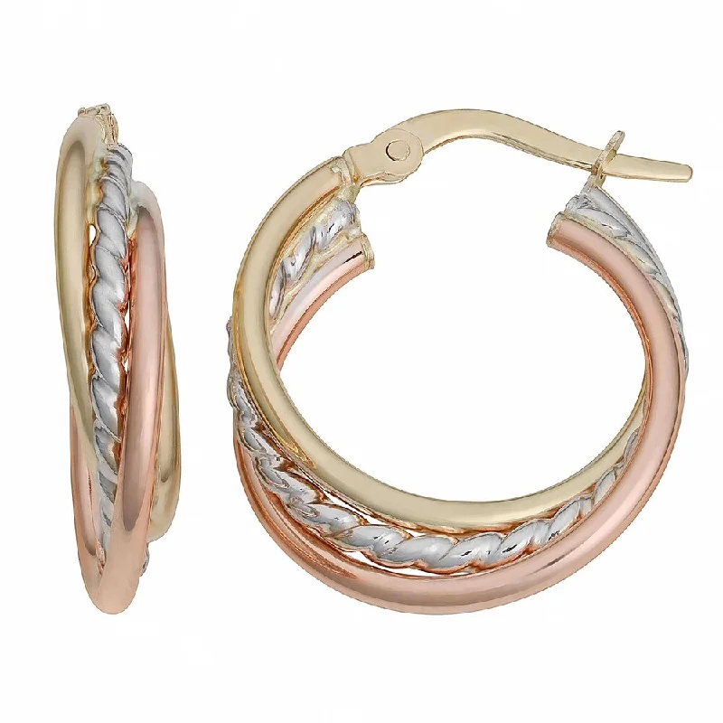 Fremada Italian 14k Tri-color Gold Overlapping Triple Hoop Earrings